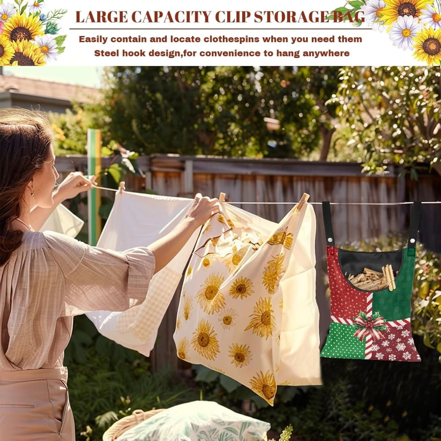 Christmas 2025 Adjustable Clothespin Storage Bag - Hanging Rope Organizer for Indoor/Outdoor
