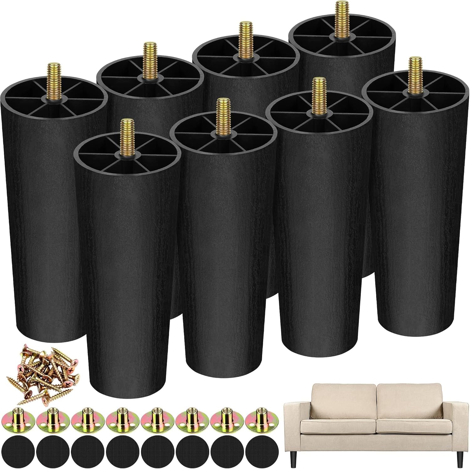TURSTIN 16 Pack 6 Inch Plastic Furniture Legs with M8 T-Nuts Screws Tapered Sofa Couch and Chair