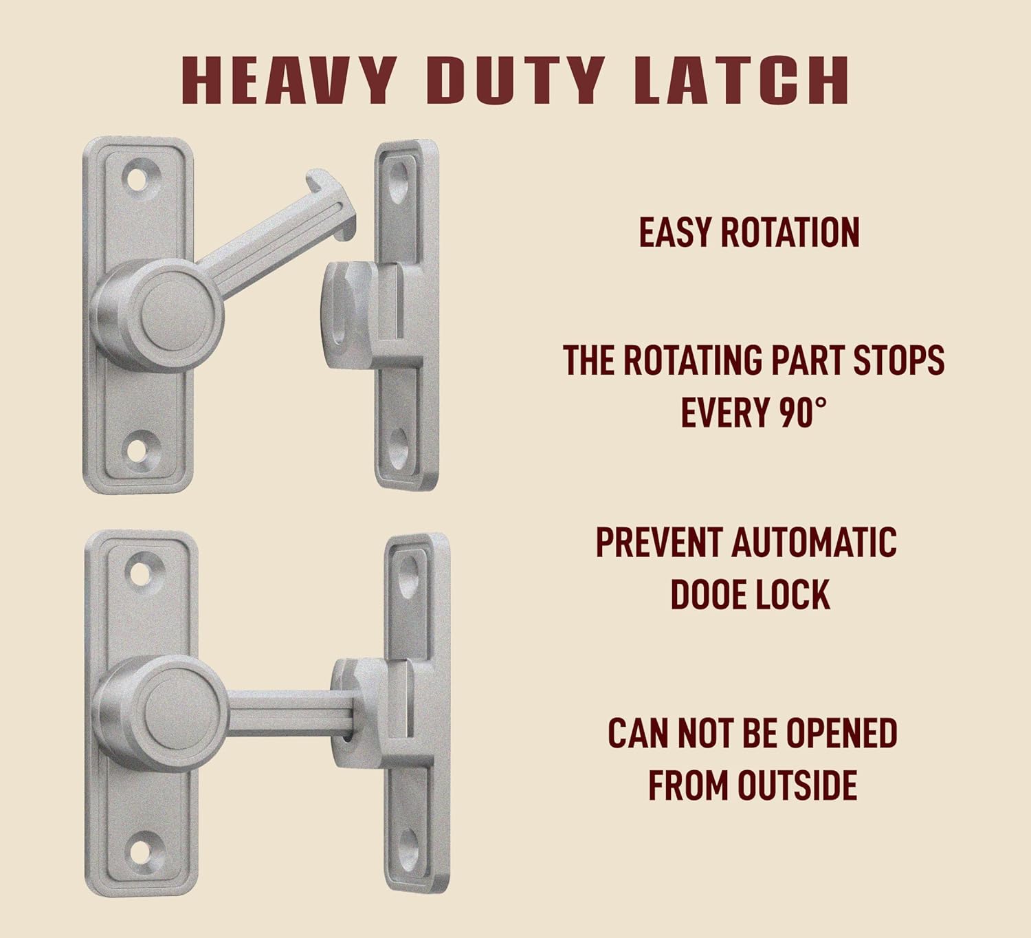 Barn Door Privacy Latch, 90°/180° Swing Slide Lock, Zinc-Alloy, Adhesive or Screw Mount, Interior