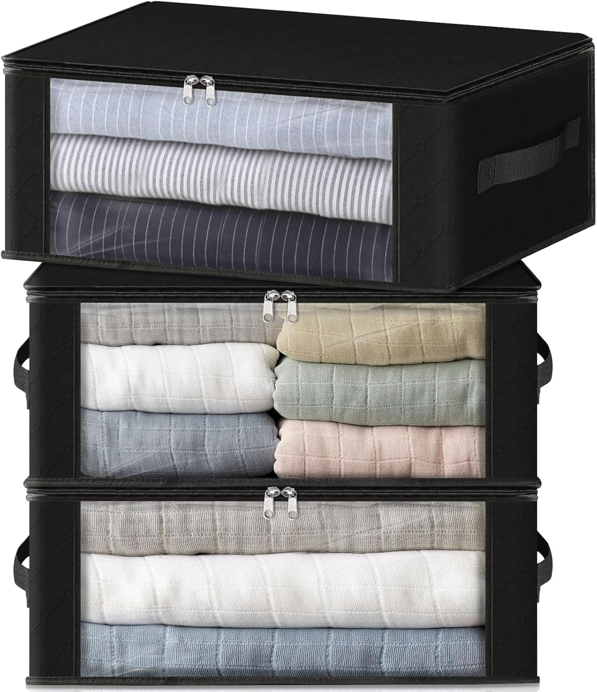 HomeHacks Storage 3-Pack Clothes Organizer Storage Bags Foldable Storage Box with Large Clear