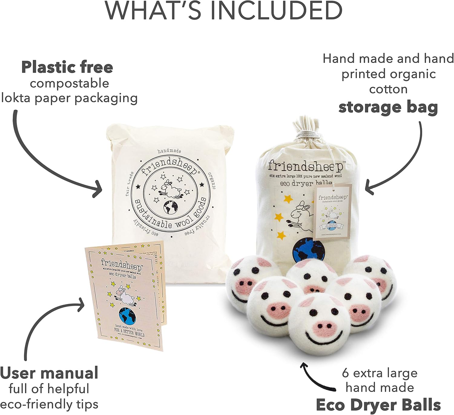Friendsheep Wool Dryer Balls 6 Pack XL Organic Premium Reusable Cruelty Free Handmade Fair Trade No
