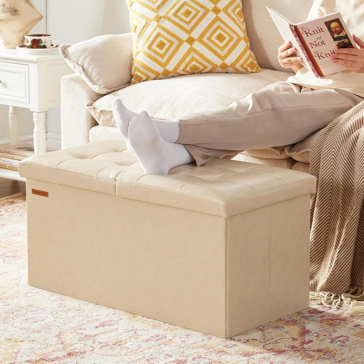 HAUSFRAU - 30 Inches Storage Ottoman Bench with Flipping Lid, Foldable Storage Chest Foot Rest for