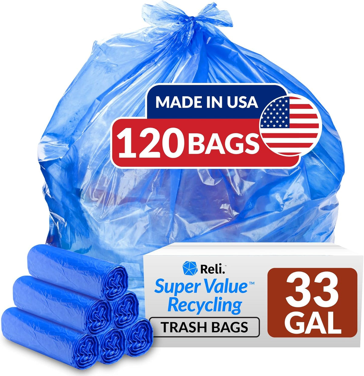 Reli. SuperValue 33 Gallon Recycling Bags (120 Count) Made in the USA - Blue Trash Bags, 30-33