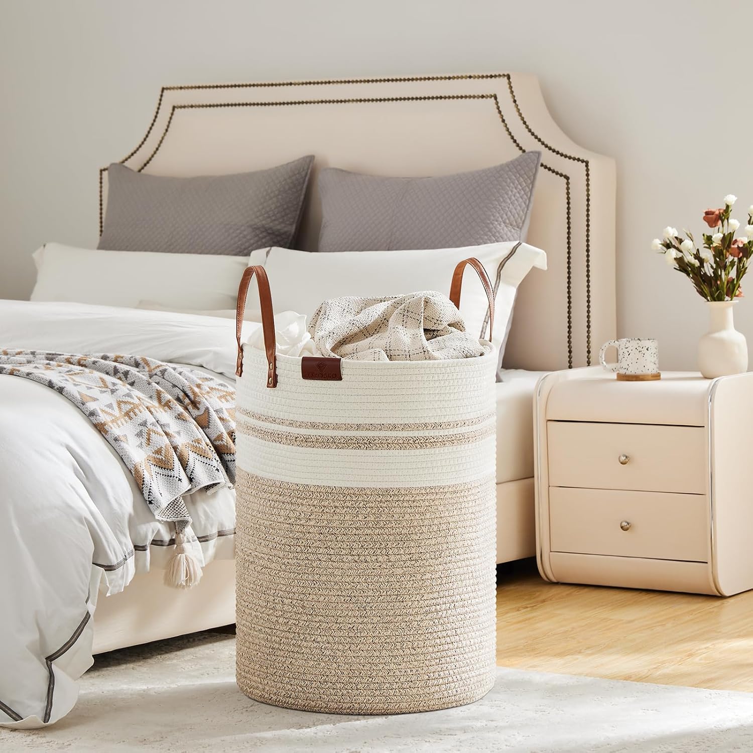 VIPOSCO Tall Laundry Basket, Large Dirty Clothes Hamper with Leather Handle, Woven Rope Storage