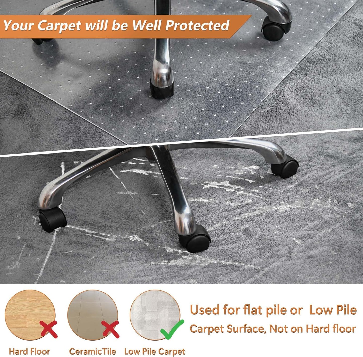 Office Chair Mat for Carpets - 45” x 53” Clear Carpet Chair Mats for Low Pile Carpeted Floors Home