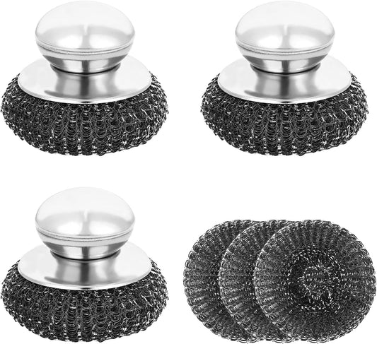 6Pcs Steel Wool Scrubber, Stainless Steel Scrubber with Handle for Cleaning Kitchen and Household