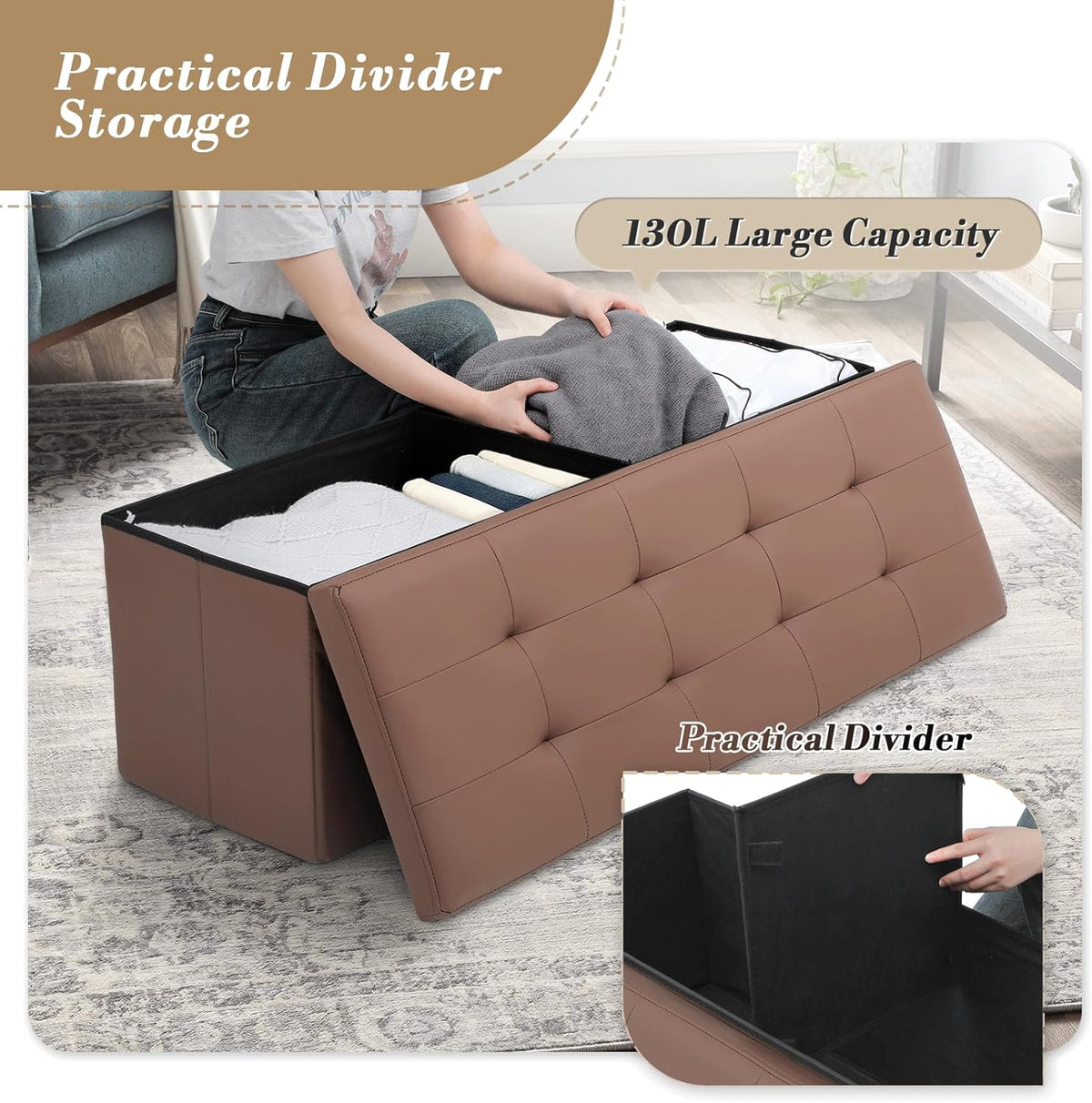 Athena Collection 43" Storage Ottoman Bench Folding Bench with 130L Hidden Storage, Large End of