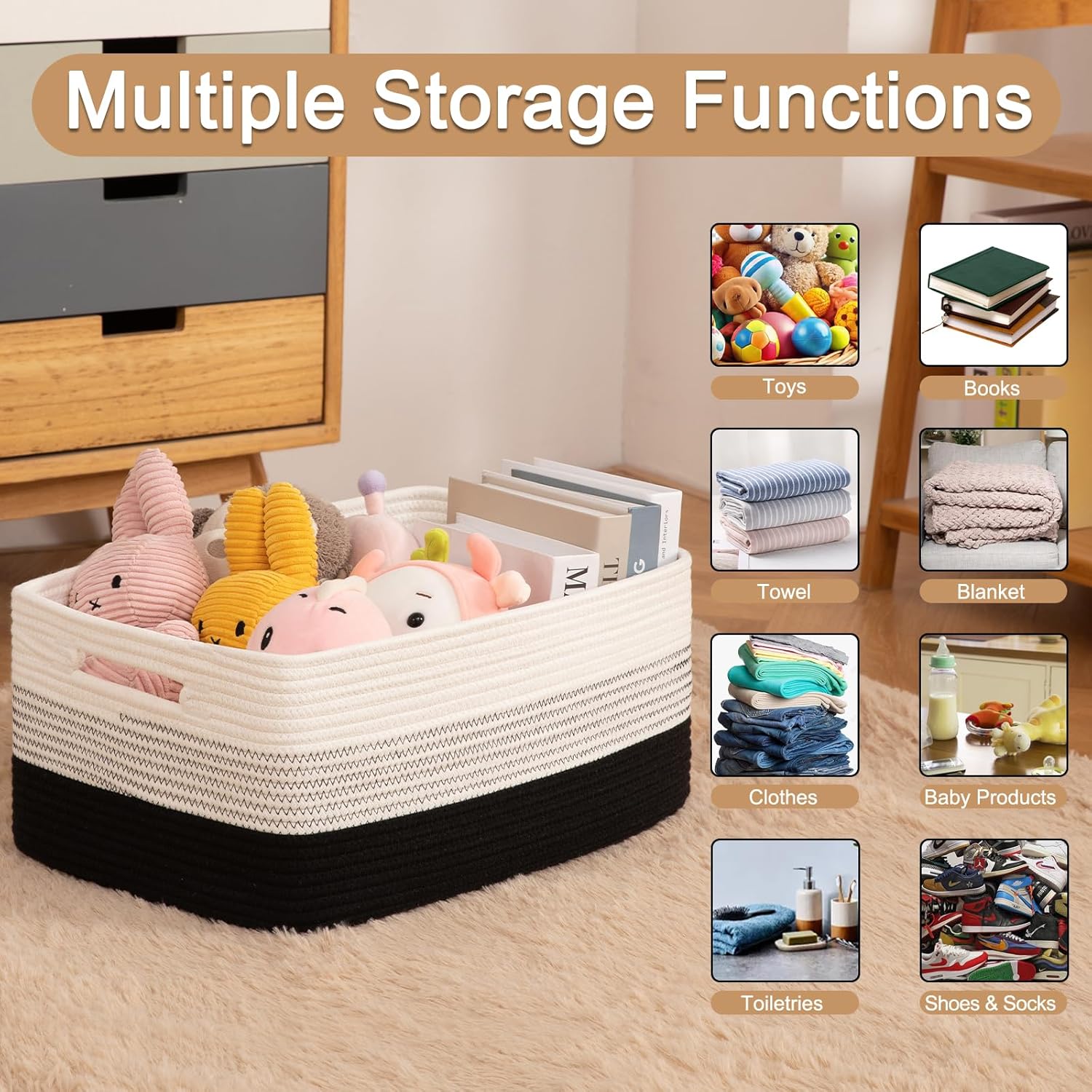 Large Storage Basket for Organizing, Woven Rope Basket for Shelves, Closet Organizer Bins for