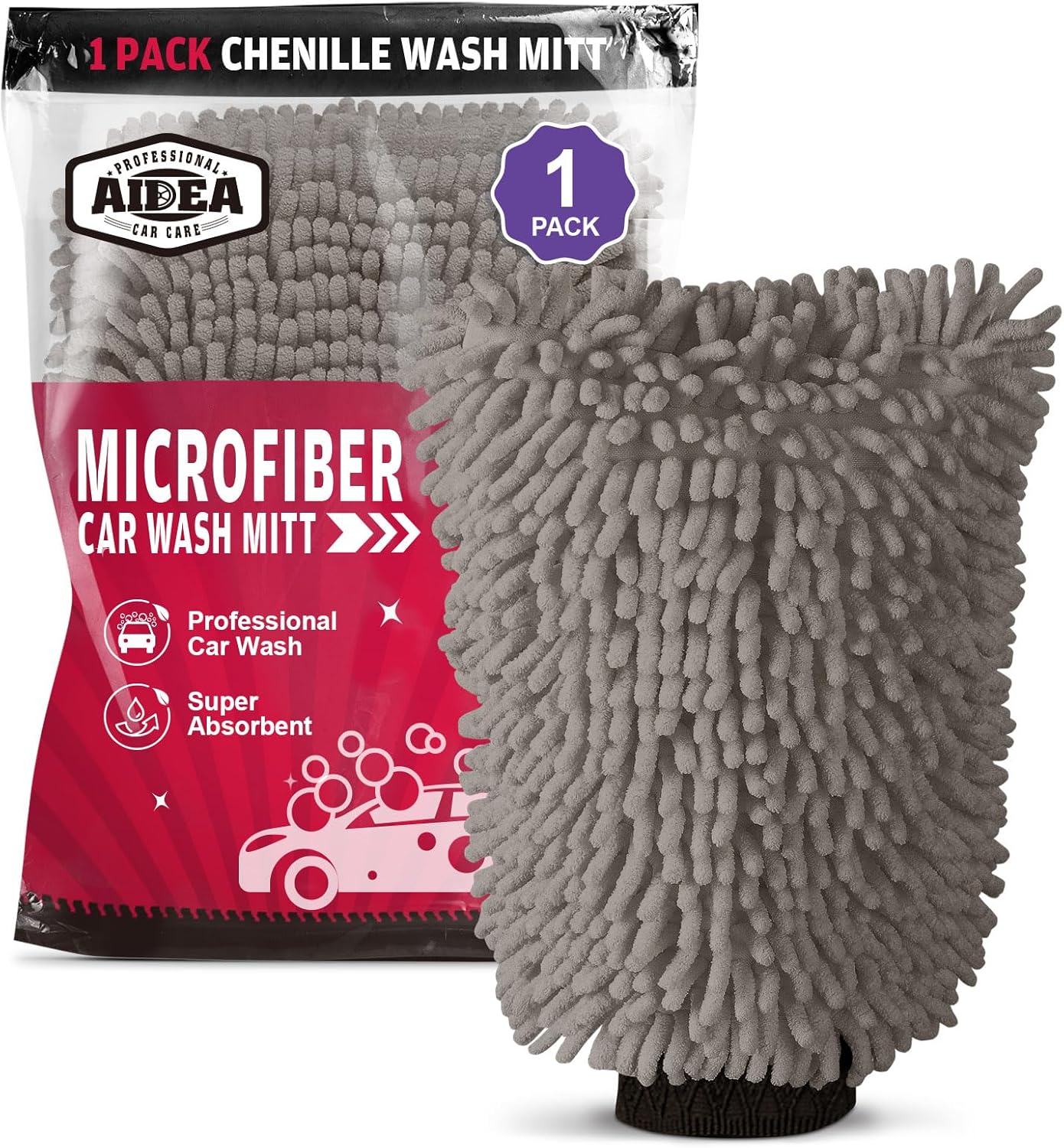 AIDEA Car Wash Mitt Microfiber, 1PK Scratch Free Lint-Free, Premium Chenille Microfiber Sponge Mitt