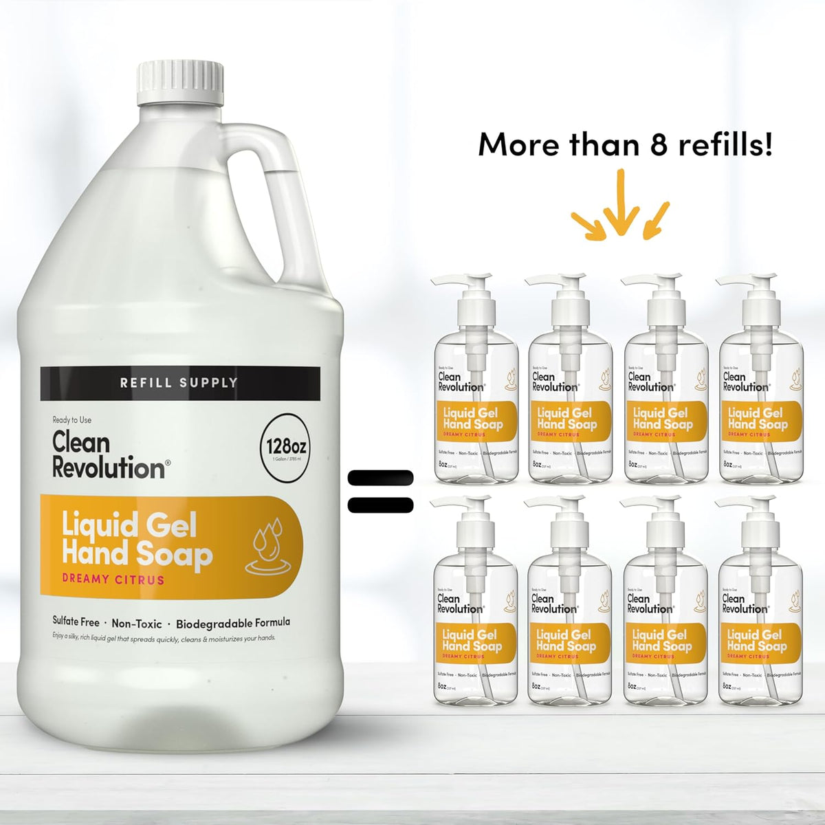Clean Revolution Liquid Gel Hand Soap, Silky Rich Liquid, Quick Lather, Fast Rinsing, Contains Real