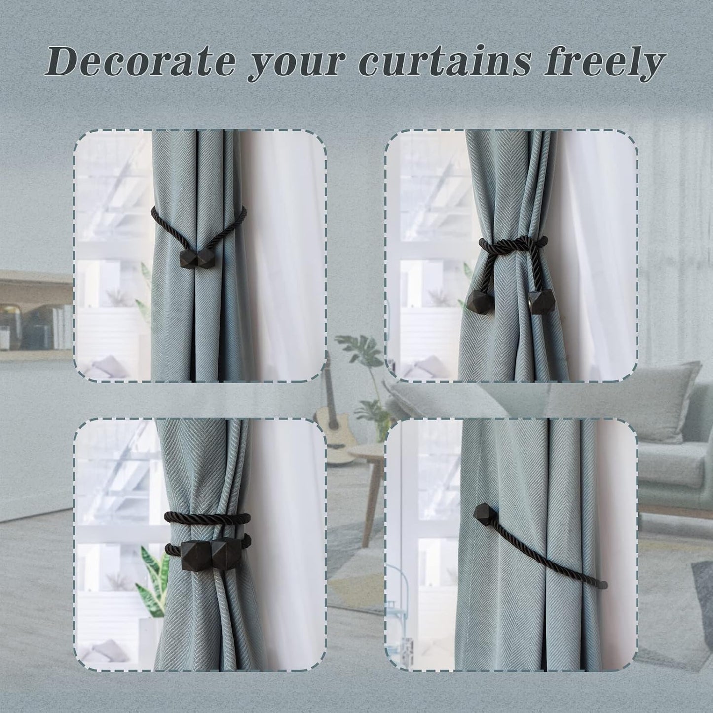 Hion Magnetic Curtain Tiebacks Black 6 Pack, Curtain Tiebacks Buckles Holdbacks Holders Hooks Clip