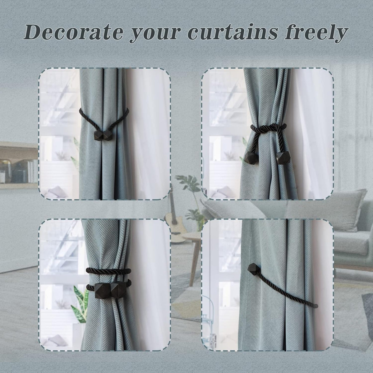 Hion Magnetic Curtain Tiebacks Black 6 Pack, Curtain Tiebacks Buckles Holdbacks Holders Hooks Clip