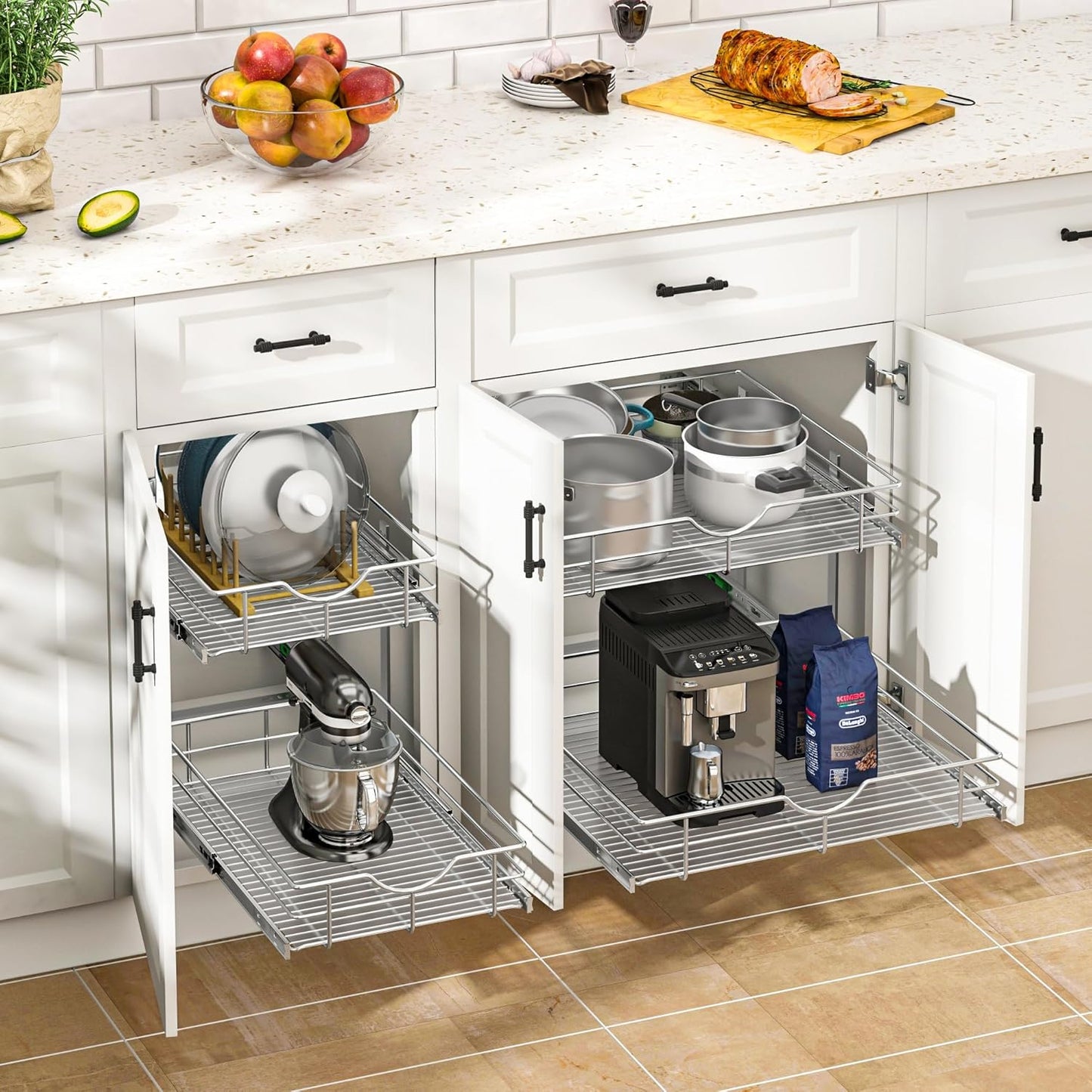 WelFurGeer 2-Tier Stainless Steel Pull Out Cabinet Organizer, Soft Close Damping Slides, Heavy Duty