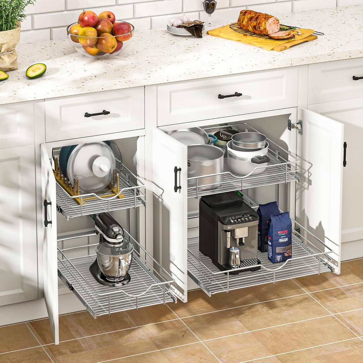 WelFurGeer 2-Tier Stainless Steel Pull Out Cabinet Organizer, Soft Close Damping Slides, Heavy Duty