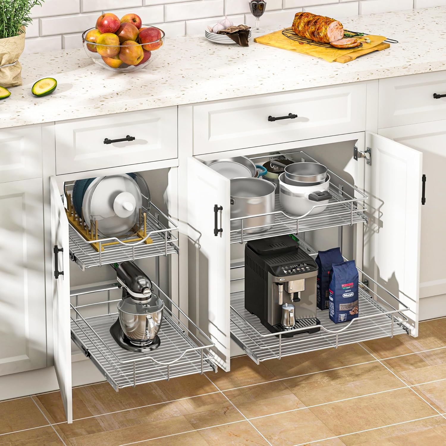 WelFurGeer 2-Tier Stainless Steel Pull Out Cabinet Organizer, Soft Close Damping Slides, Heavy Duty