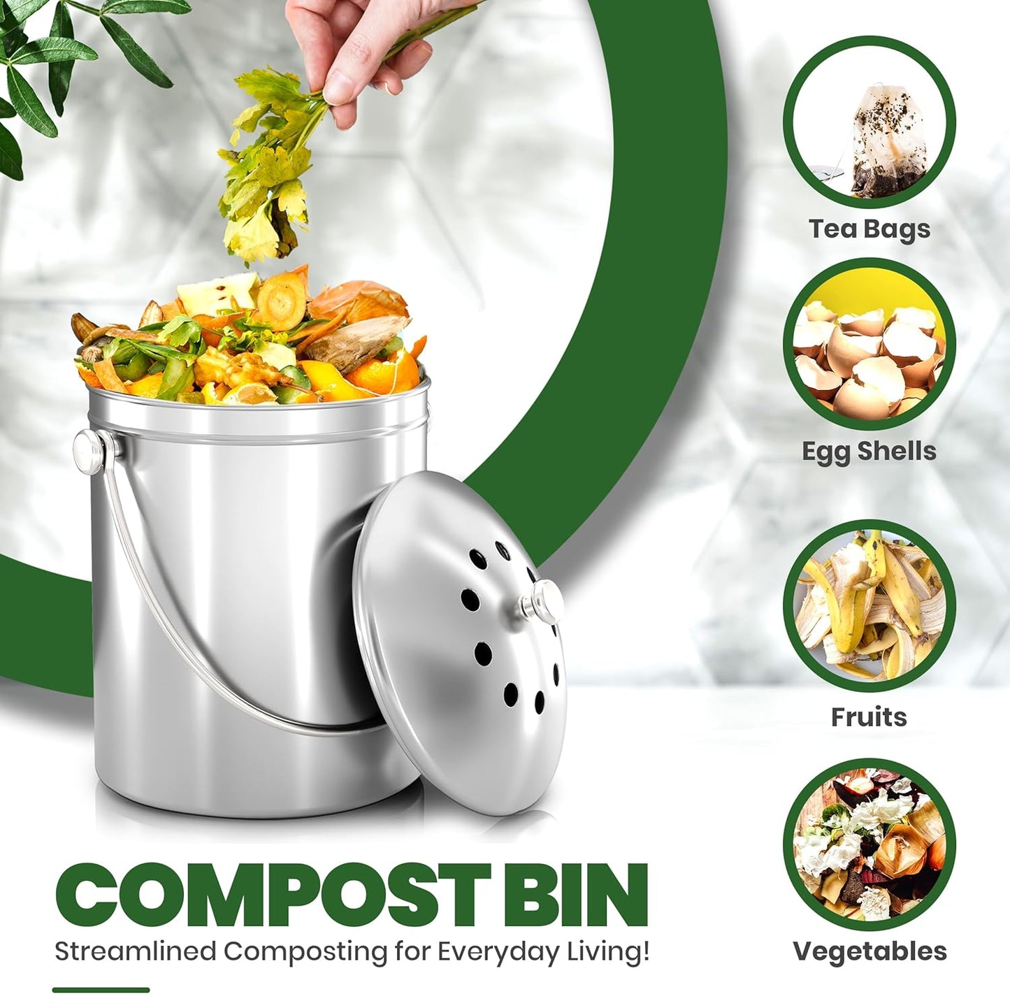 Utopia Kitchen Indoor Compost Bin Kitchen, Odorless Composting with Charcoal Filter, 1.3 Gallon