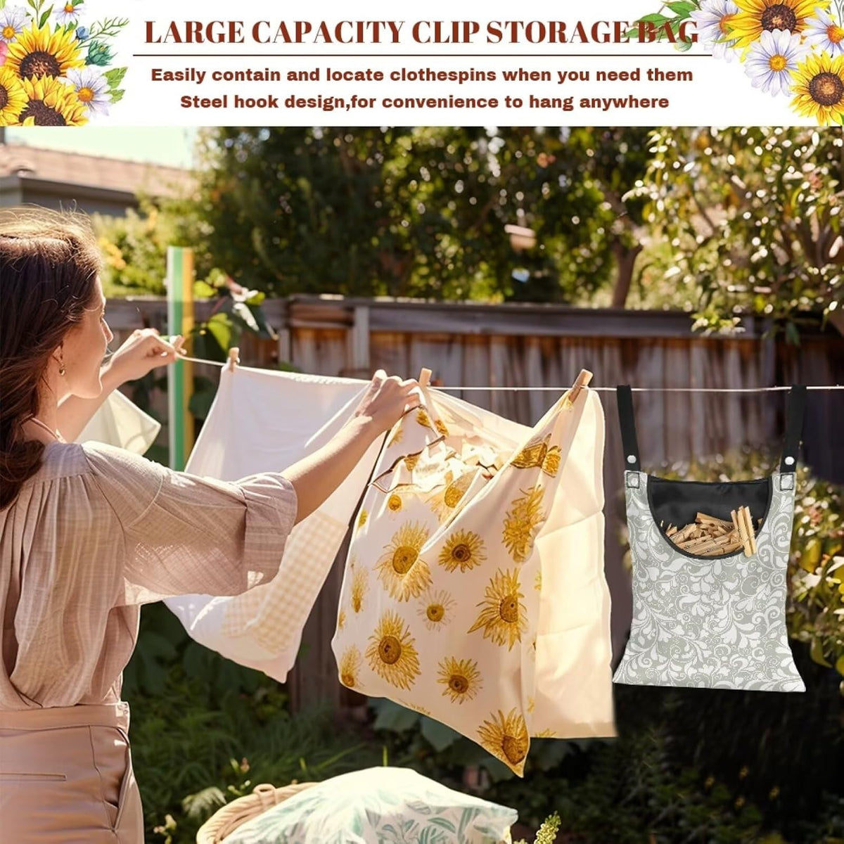 Large Clothespin Storage Bag 14.5"x12" with Oversized Opening - Heart Shape Floral Print Green