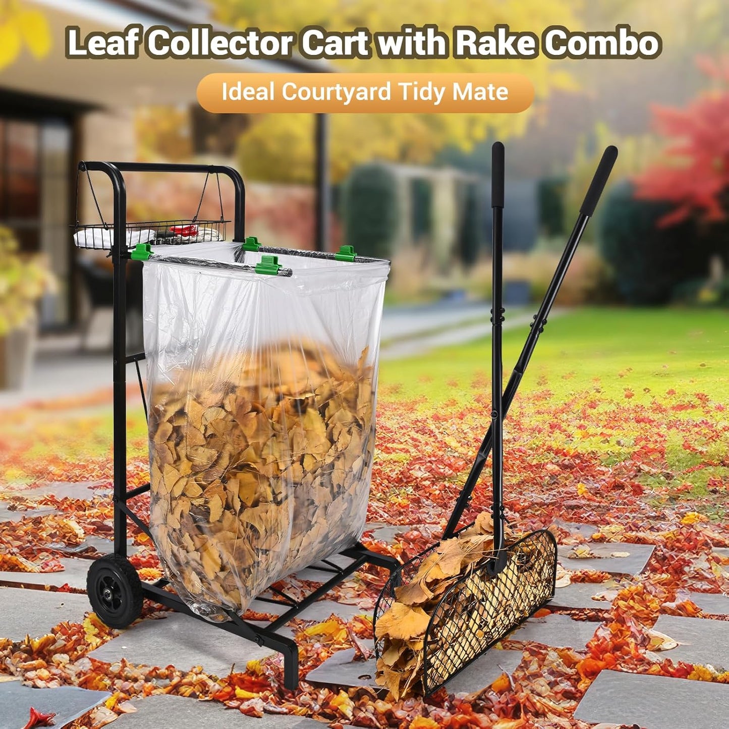 CAROD Mobile Trash Bag Holder with Storage Basket and Ergonomic Handle, Convenient Leaf Bag Cart