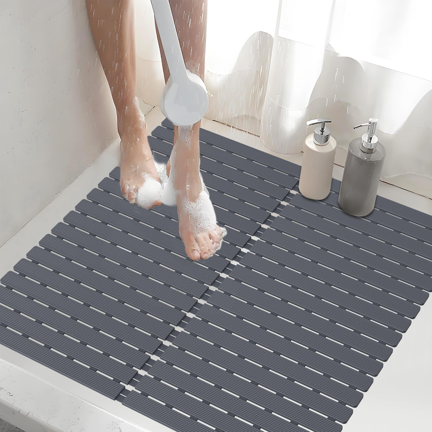Shower Mat Non-Slip Bath Mat for Tub Floor & Stall with 200+ Suction Cups & Drain Holes, Quick Dry