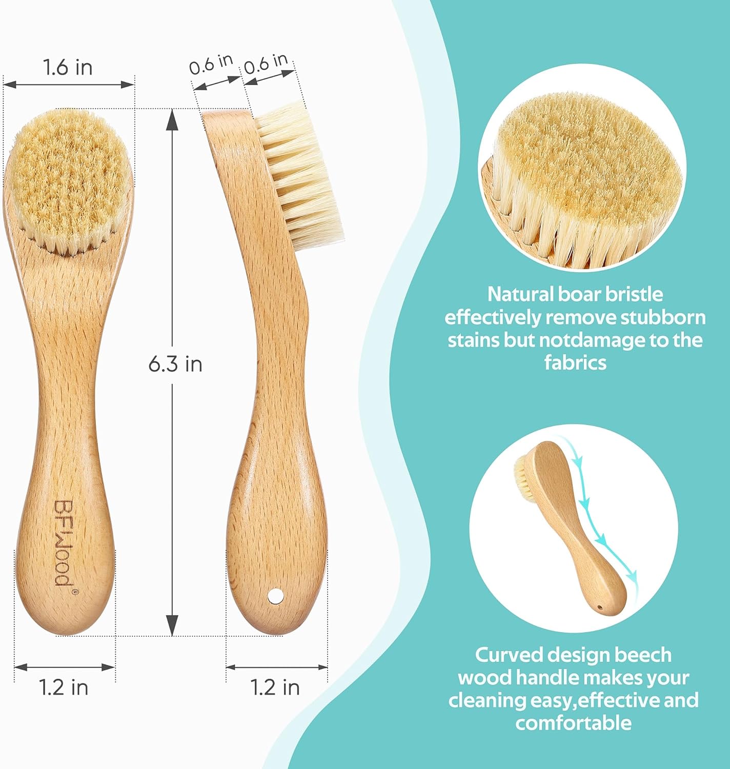 BFWood Laundry Stain Brush, Natural Soft Boar Bristles, Removes Tough Stains from Delicate Fabrics