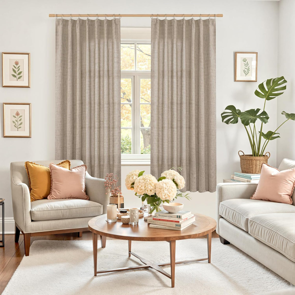 YoungsTex Oatmeal Linen Semi Sheer Curtains 63 Inch Length for Living Room, Light Filtering Window