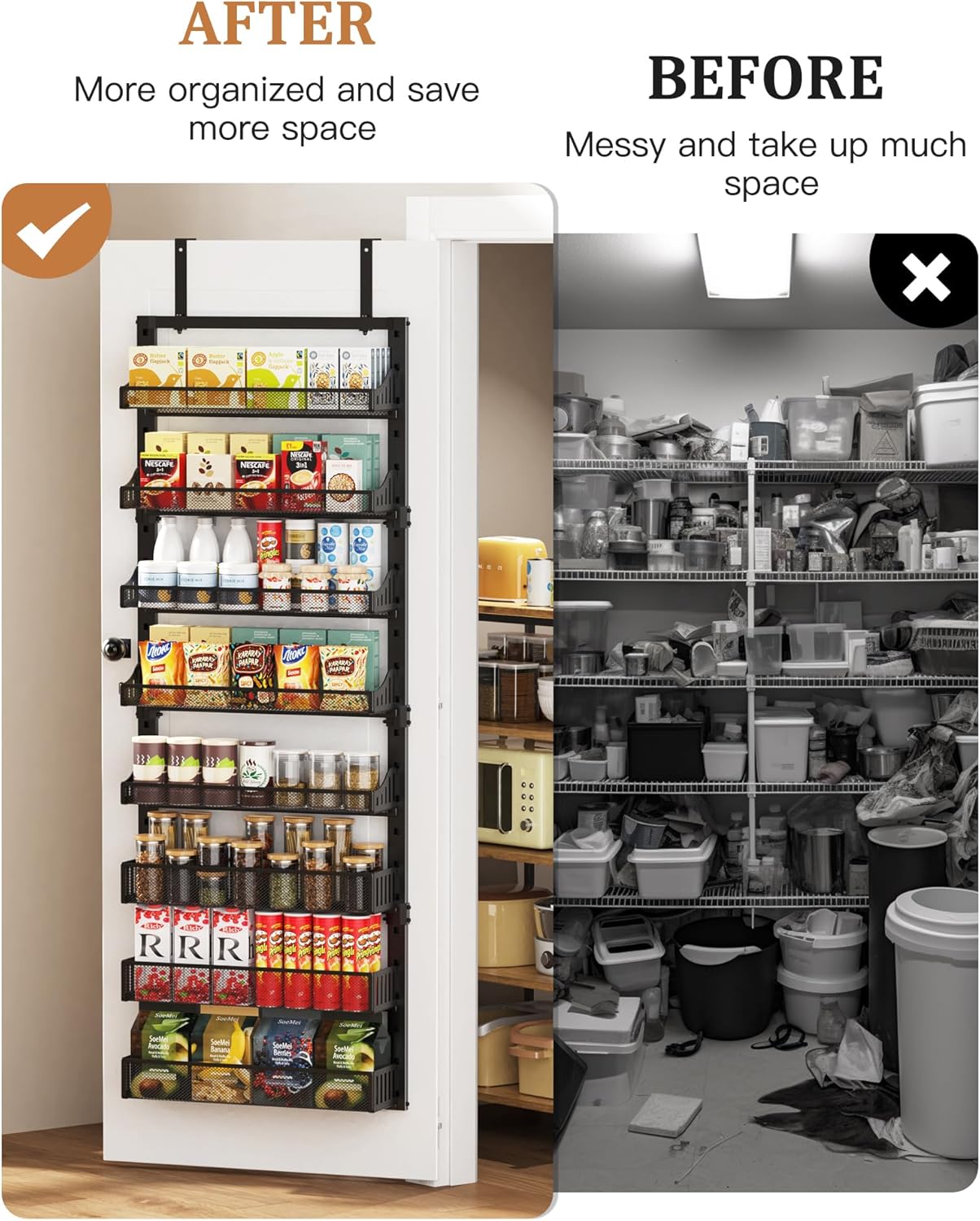 8-Tier Over the Door Pantry Organizer, Large Metal Door Spice Rack with Adjustable Basket, 2 in 1