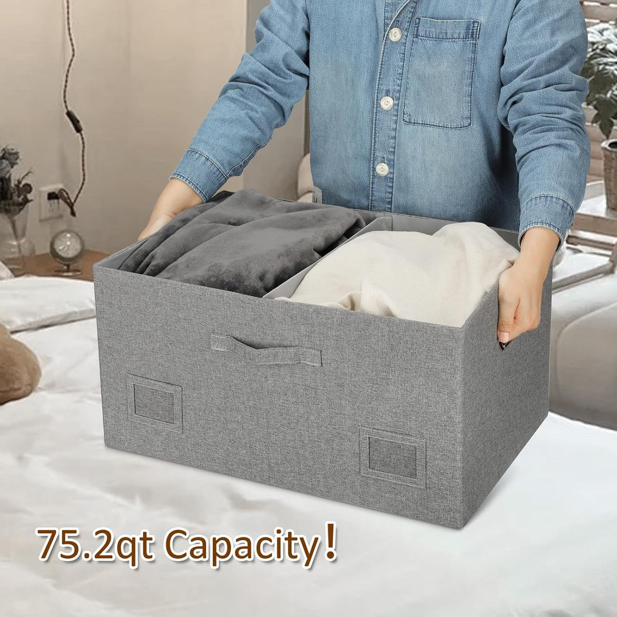 75 Quarts Extra Large Decorative Storage Bins with Lids, 1 Pack Gray Collapsible Storage Bins with