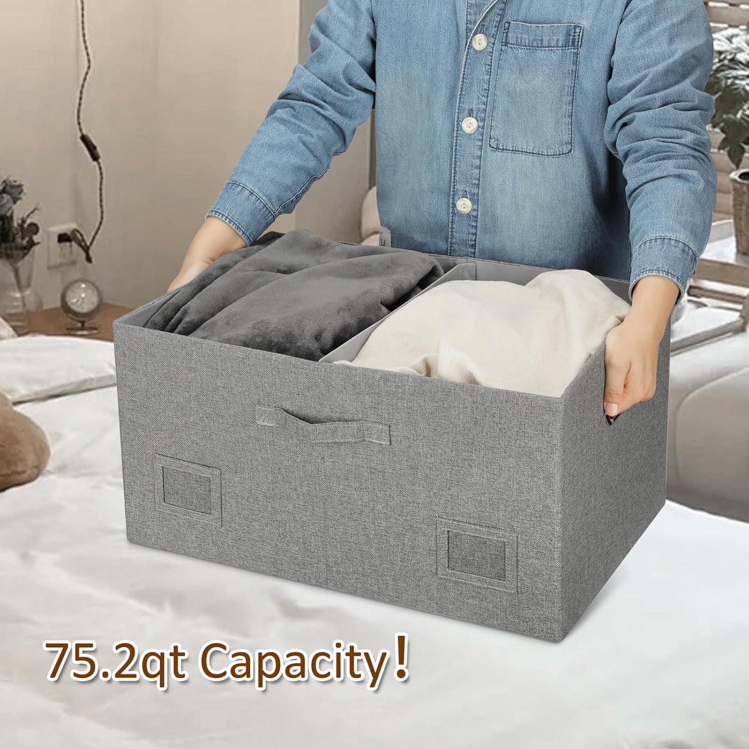 75 Quarts Extra Large Decorative Storage Bins with Lids, 3 Packs Gray Collapsible Storage Bins with