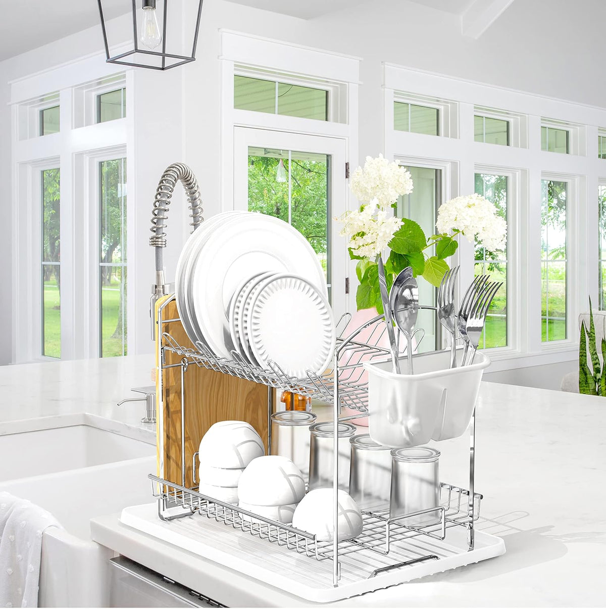 Simple Houseware 2-Tier Stainless Steel Dish Rack with Drainboard, Chrome for Kitchen