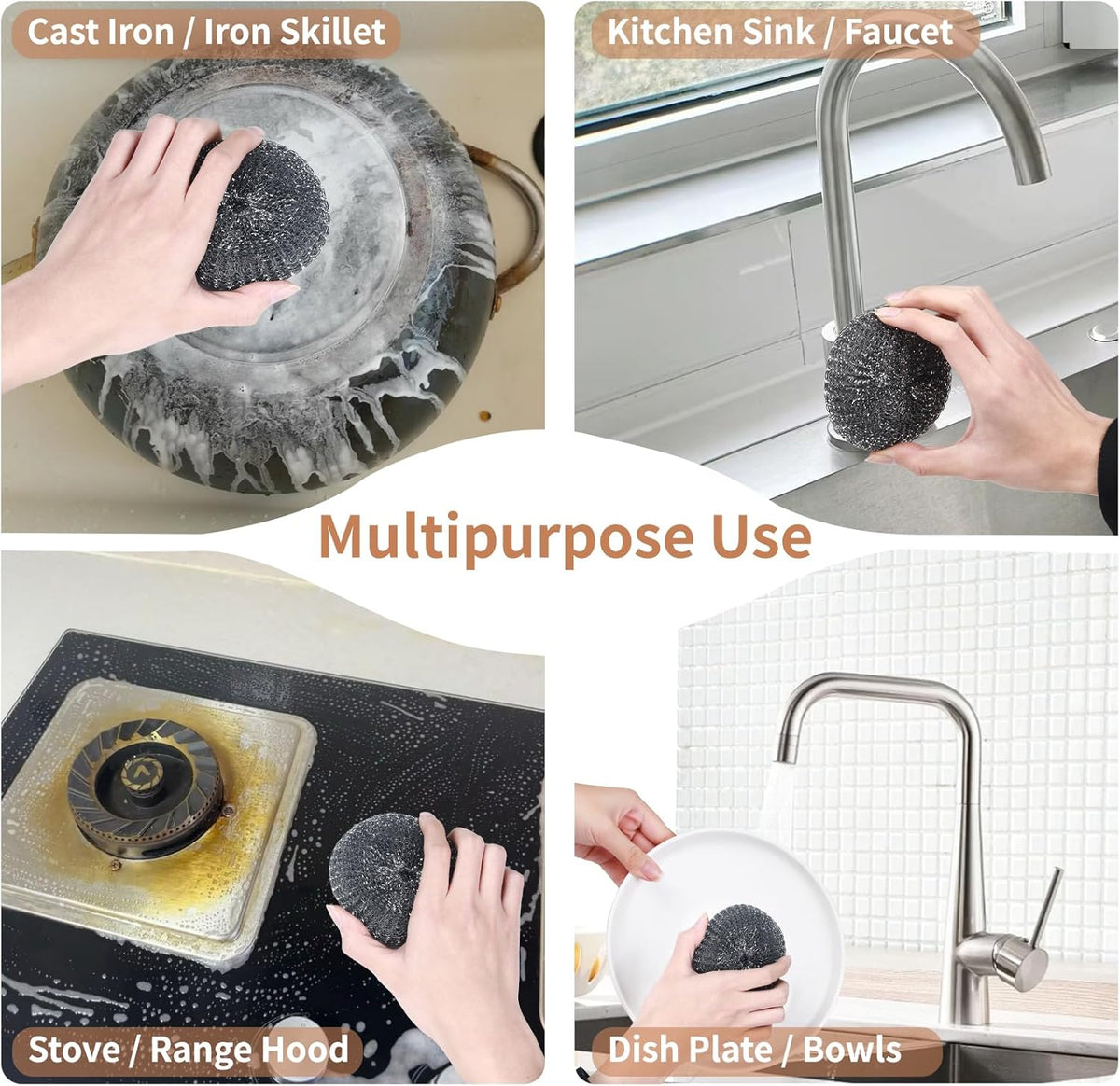 6PCS Steel Wool Scrubber Wire Sponge Set, Barbecue Grill Cleaning Scrubber Pads, Stainless Steel