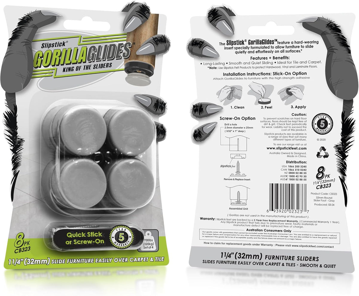 GorillaGlides CB323 1-1/4 Inch Furniture Sliders/Chair Glide Floor Protectors (Set of 8 Glides)