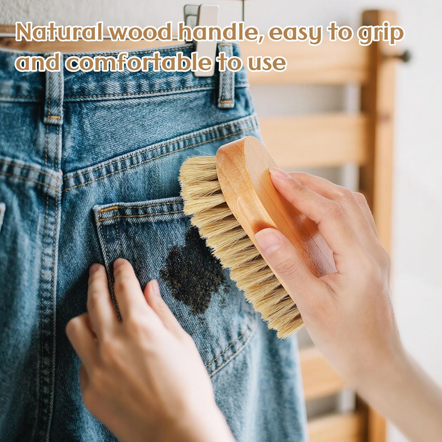 3 Pcs Wood Laundry Stain Brush Stain Remover Brushes with Boar Bristle Small Stain Brush for