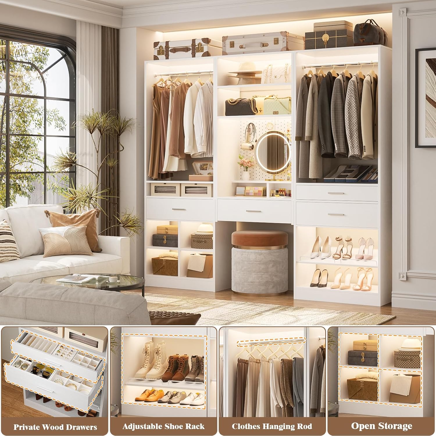 Unikito 75” Modular Closet System, Freestanding Closet Organizer with Hanging Rods and Drawers