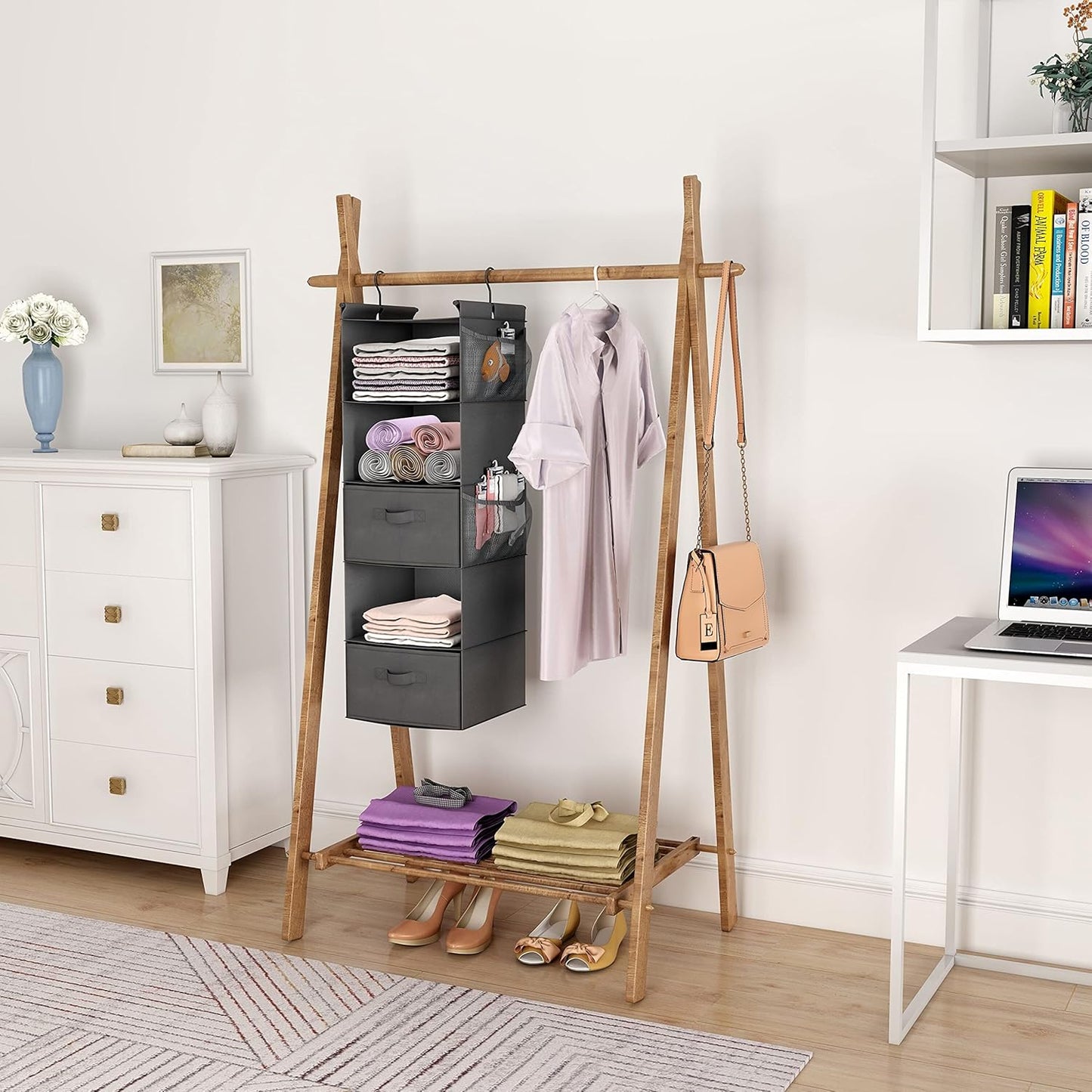 MAX Houser 5 Tier Shelf Hanging Closet Organizer, Cloth Hanging Shelf with 2 Sturdy Hooks for