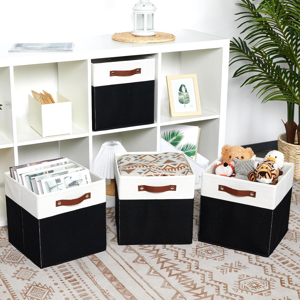 DULLEMELO Fabric Storage Bins for Shelves, Cube Storage Organizer Bins with PU Handles, Set of 4