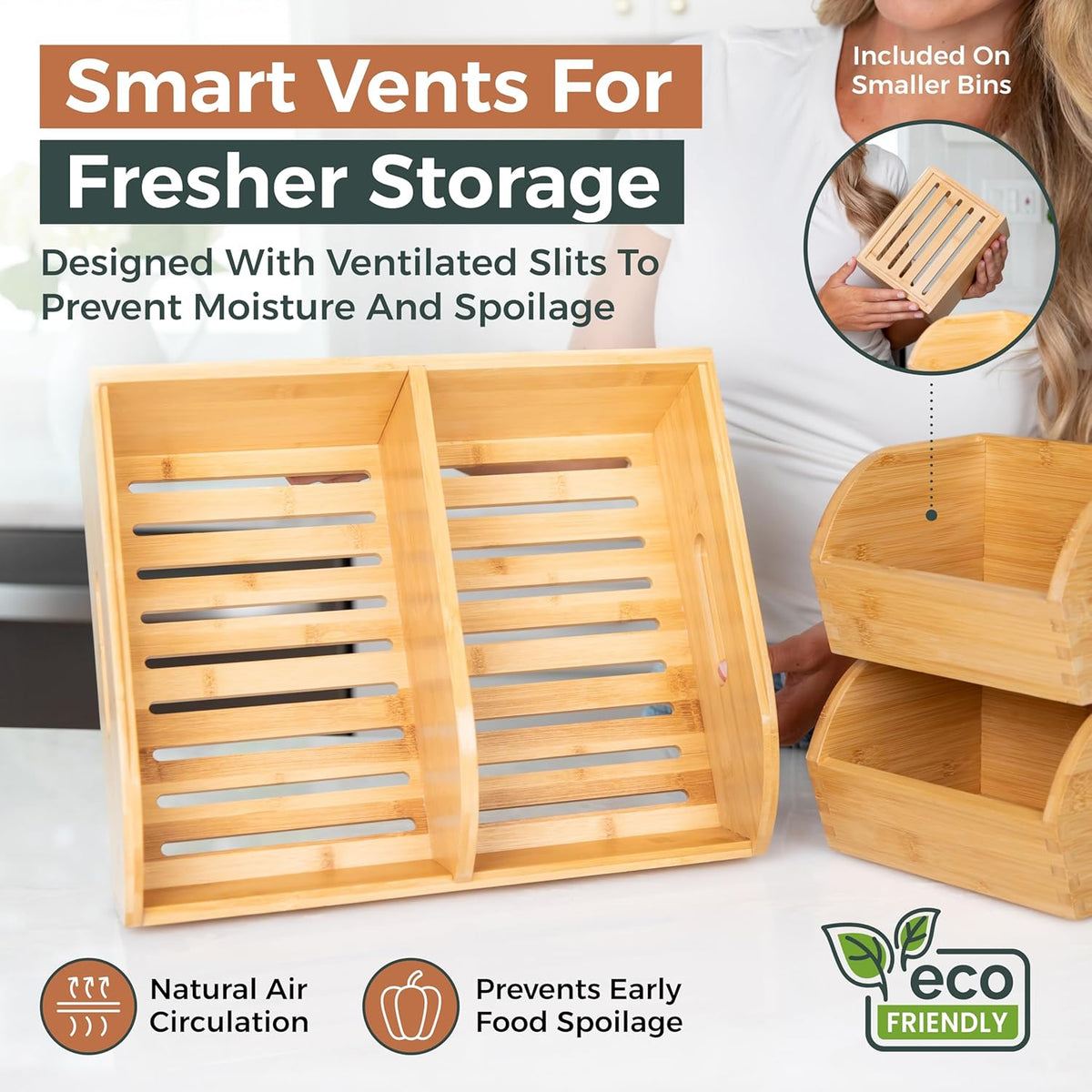 Potato and Onion Storage Bin for Pantry and Kitchen Counter - Ventilated Stackable Bamboo Organizer