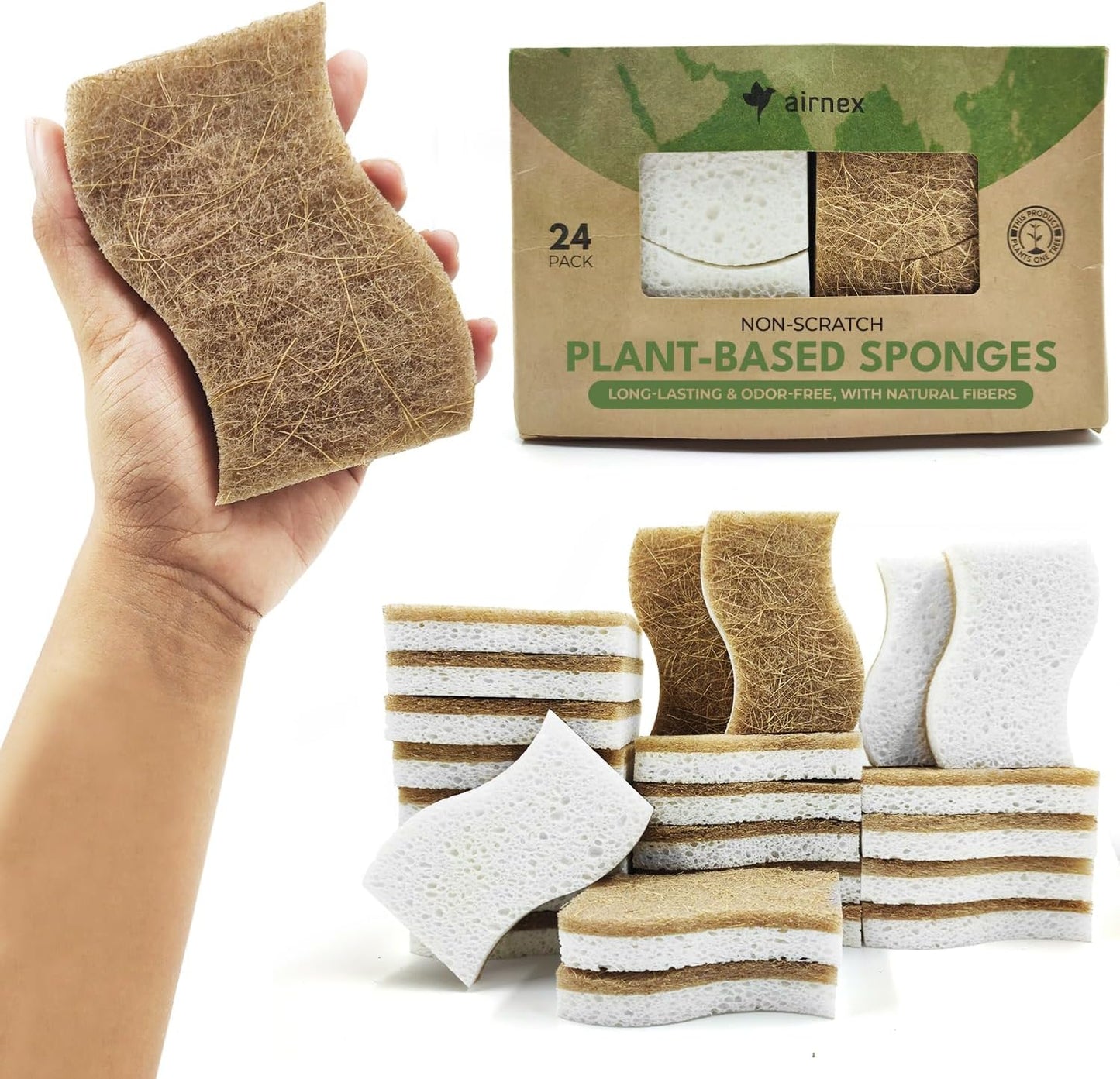 Biodegradable Natural Kitchen Sponge - Compostable Cellulose and Coconut Walnut Scrubber Sponge (24