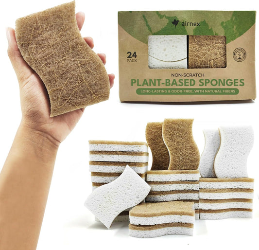 Biodegradable Natural Kitchen Sponge - Compostable Cellulose and Coconut Walnut Scrubber Sponge (24