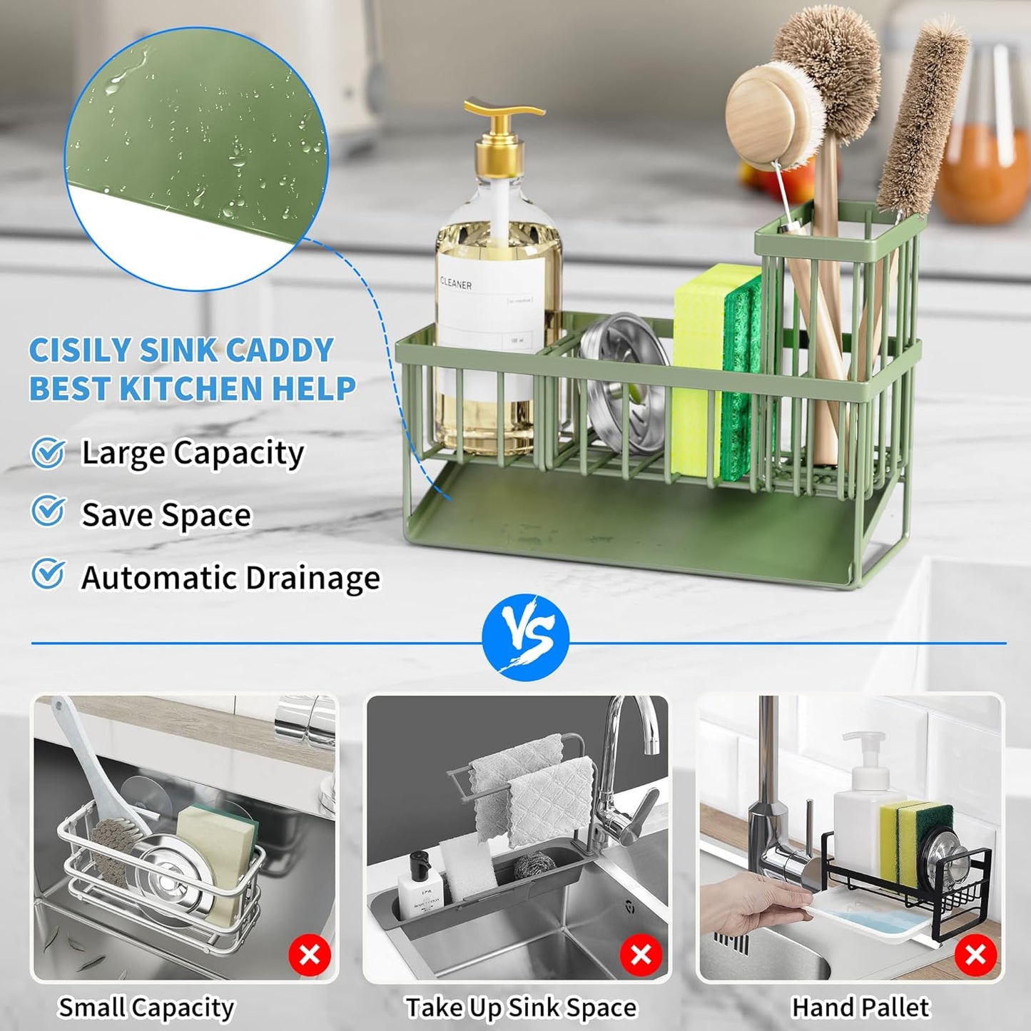 Cisily Kitchen Sink Caddy - Sponge Holder and Organizer with High Brush Holder, 304 Stainless