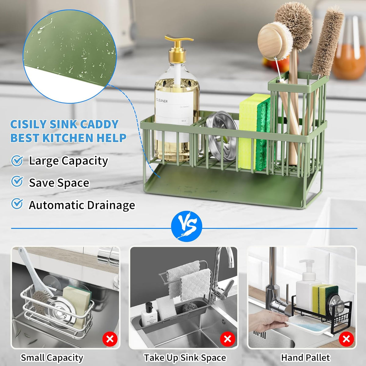 Cisily Kitchen Sink Caddy - Sponge Holder and Organizer with High Brush Holder, 304 Stainless