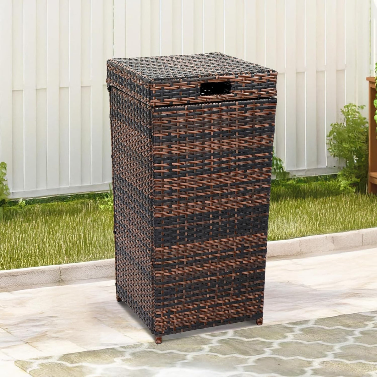 VINGLI Wicker Patio Trash Can, 27 Gallon Rattan Trash Can with Removable Lid, Outdoor Wicker Waste