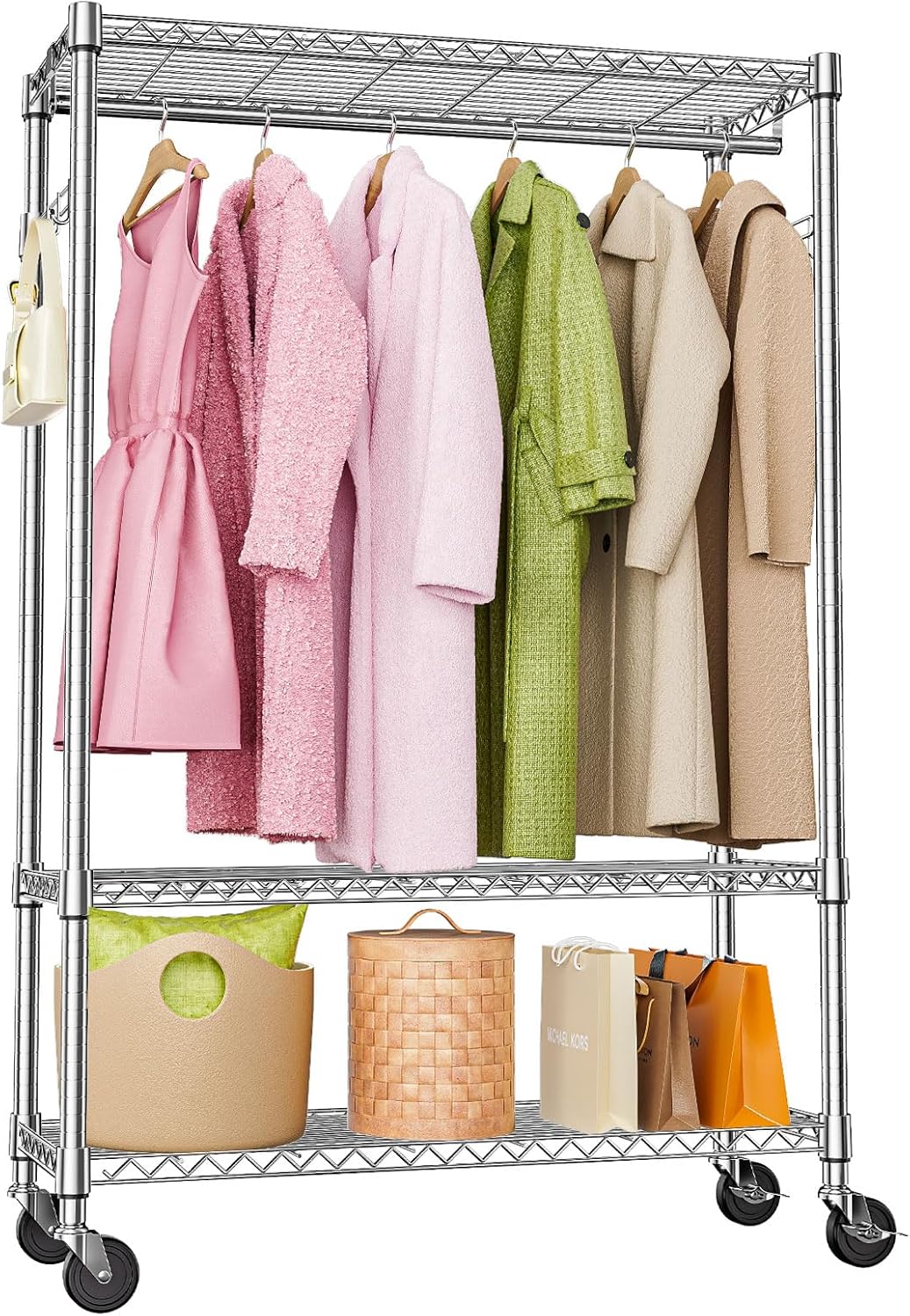 Heavy Duty Rolling Garment Rack 3 Tiers Adjustable Wire Shelving Clothes Rack with 1 Rods and Side