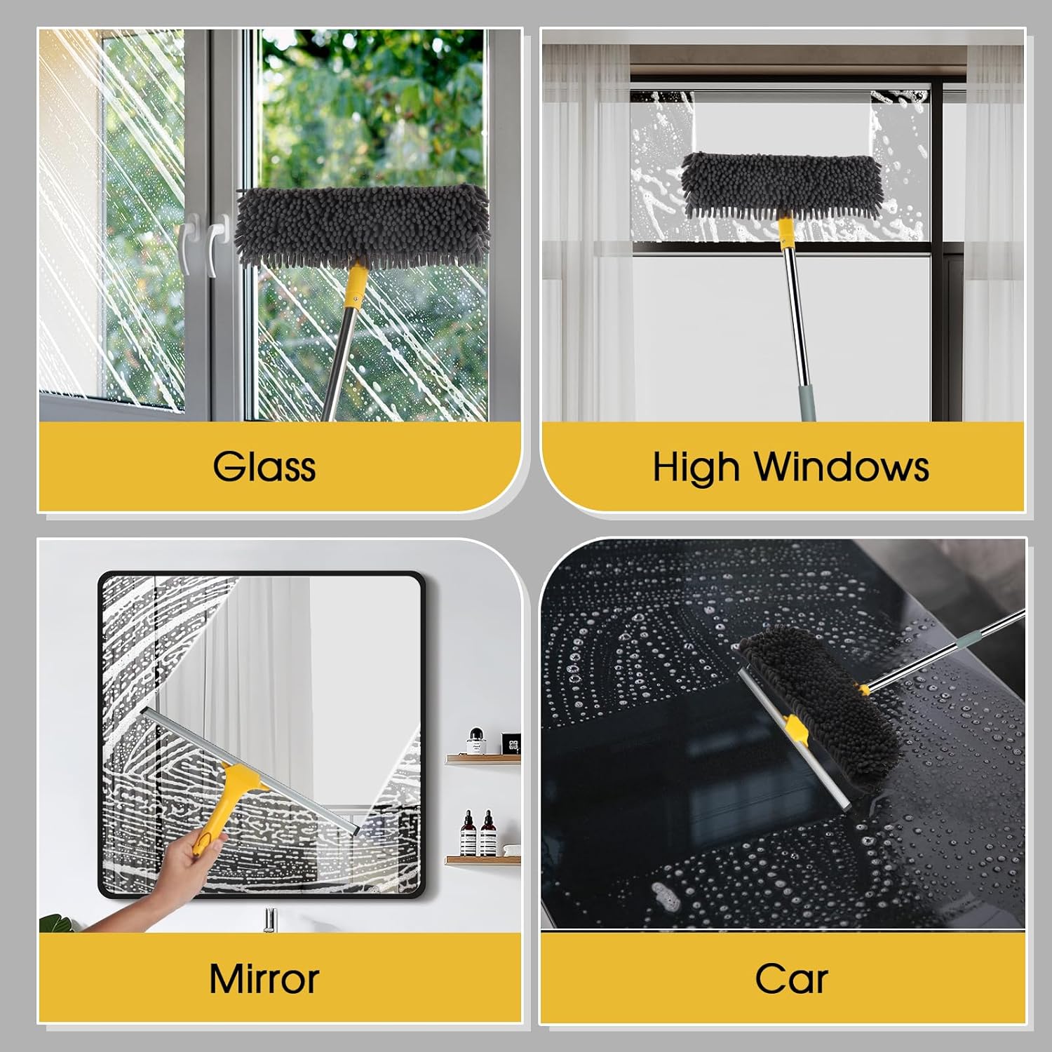 81" Long Handle Window Cleaner Tool Squeegee with Extension Pole, 2 in 1 Large Surface Window