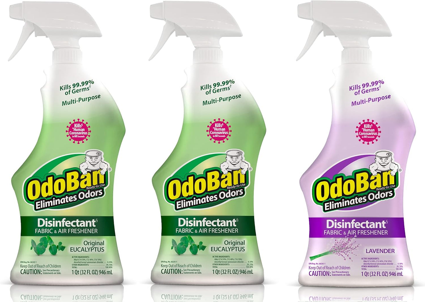 OdoBan Ready-to-Use Disinfectant and Odor Eliminator, Set of 3 Spray Bottles, Made in the USA