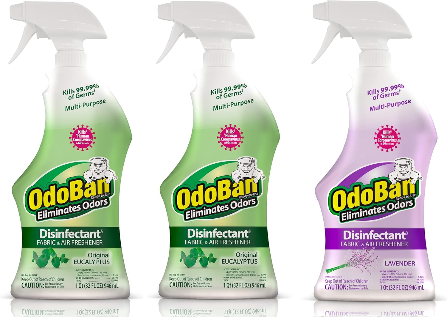 OdoBan Ready-to-Use Disinfectant and Odor Eliminator, Set of 3 Spray Bottles, Made in the USA