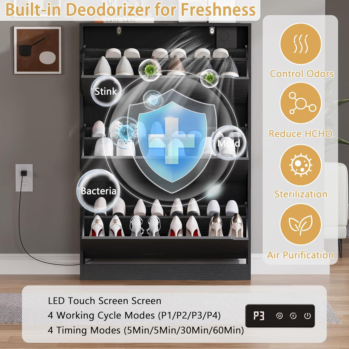 Shoe Cabinet with Odor Control and Back Panels, Deodorizing Slim 3-Flip Shoe Storage Cabinet for