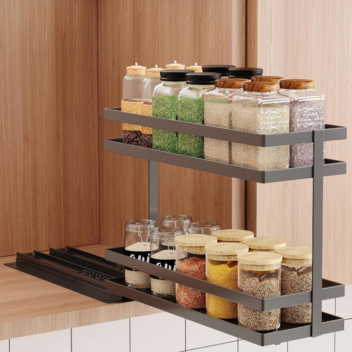 Pull Out Spice Rack Organizer for Cabinet, 2 Tier Metal Slide Out Seasoning Organizer and Storage