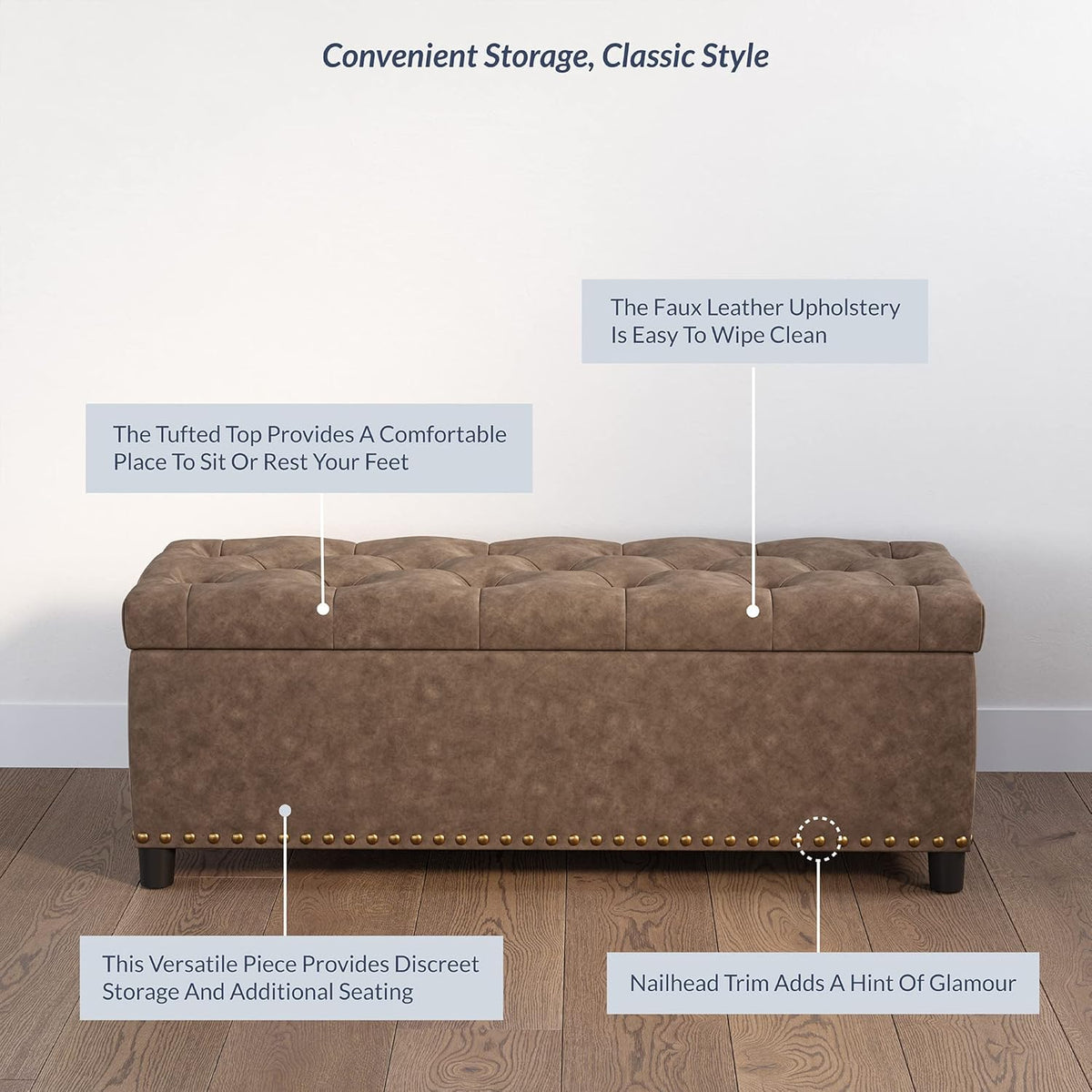 BELLEZE 47" Storage Ottoman, Storage Bench with Safety Close Hinge, Faux Leather Button-Tufted