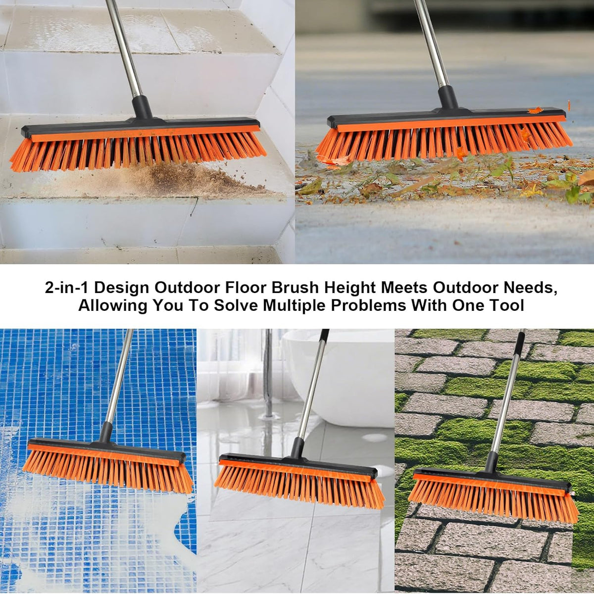18" Push Broom Outdoor with Rubber Squeegee,Heavy Duty Broom Brush with Handle,Stiff Bristles for