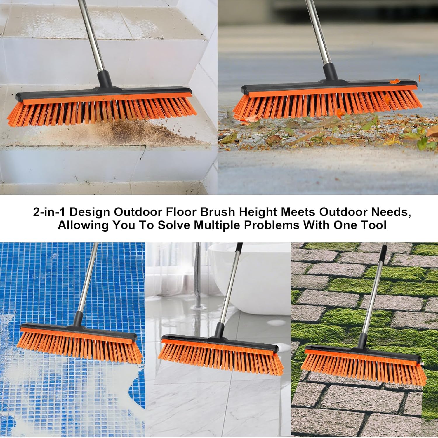 18" Push Broom Outdoor with Rubber Squeegee,Heavy Duty Broom Brush with Handle,Stiff Bristles for